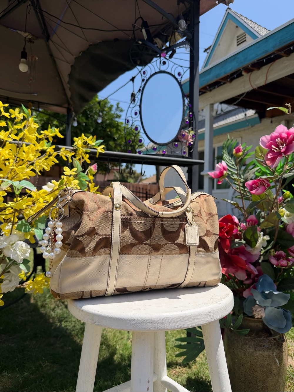 Coach Khaki/Beige Signature Canvas Shoulder Bag with Pearl Charm - Picture 7 of 10